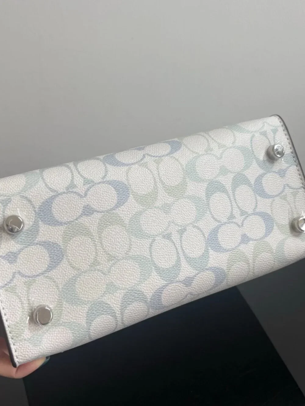 💧Coach White Pastel Logo Mini Tote Bag Light Blue Trim Crossbody